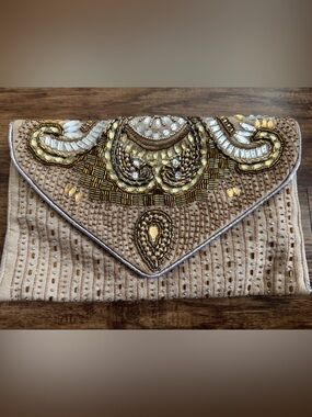 Beaded Embellished Beige Evening Clutch